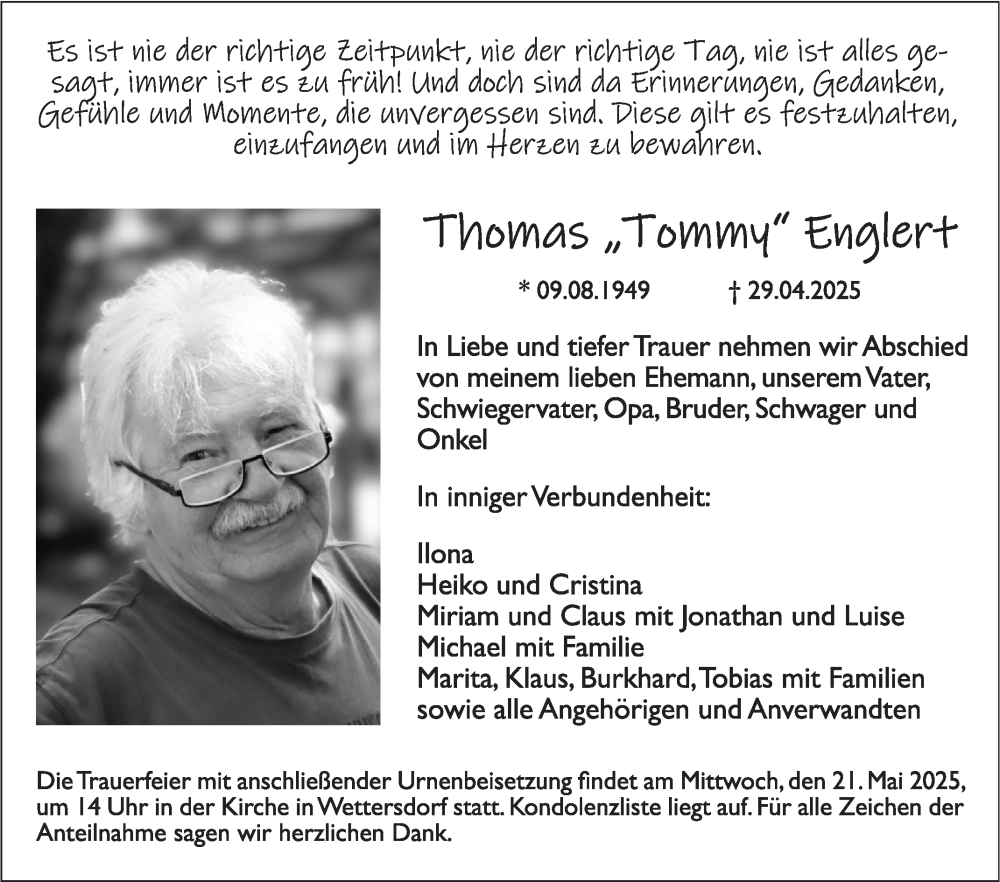  Traueranzeige für Thomas Englert vom 16.05.2025 aus Fränkische Nachrichten