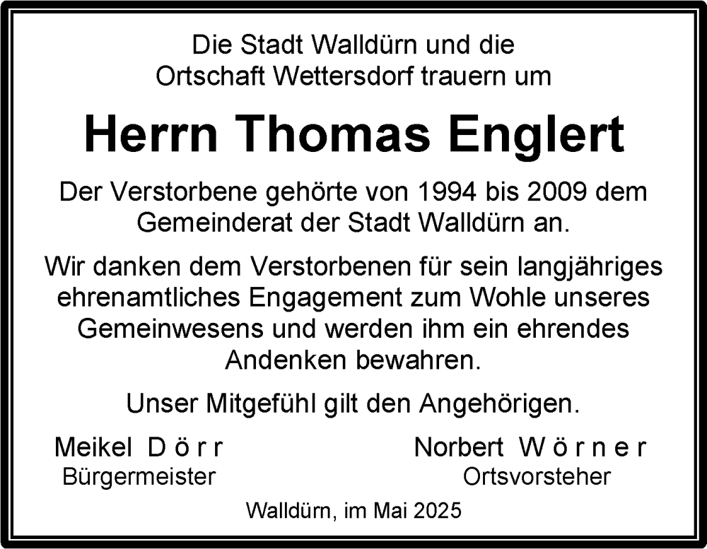  Traueranzeige für Thomas Englert vom 16.05.2025 aus Fränkische Nachrichten