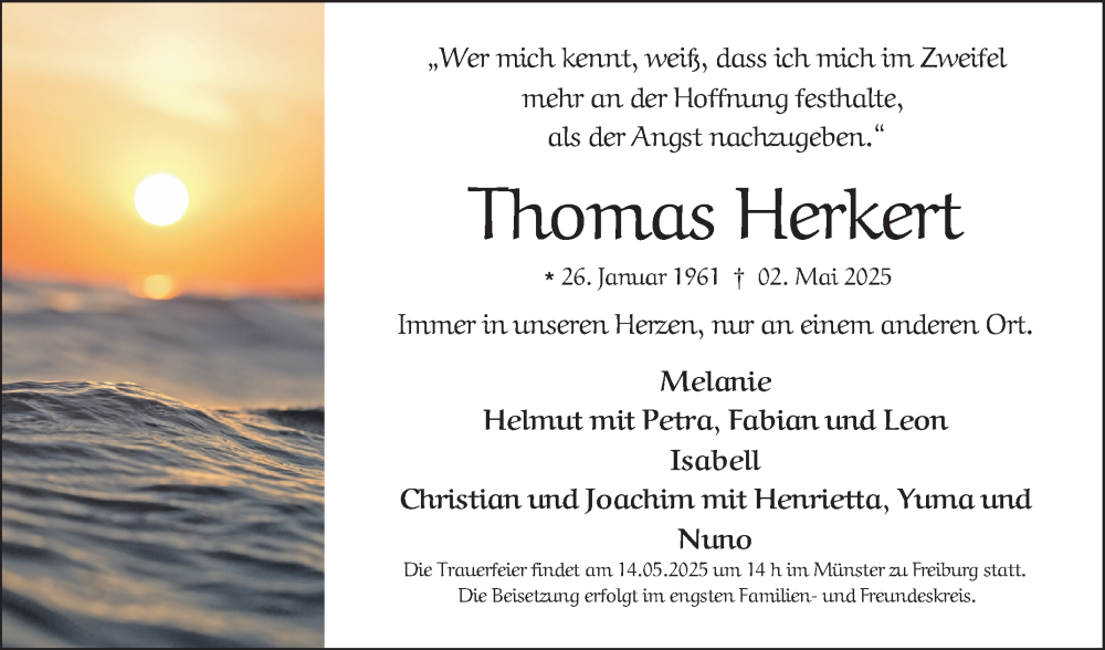  Traueranzeige für Thomas Herkert vom 08.05.2025 aus Schwetzinger Zeitung