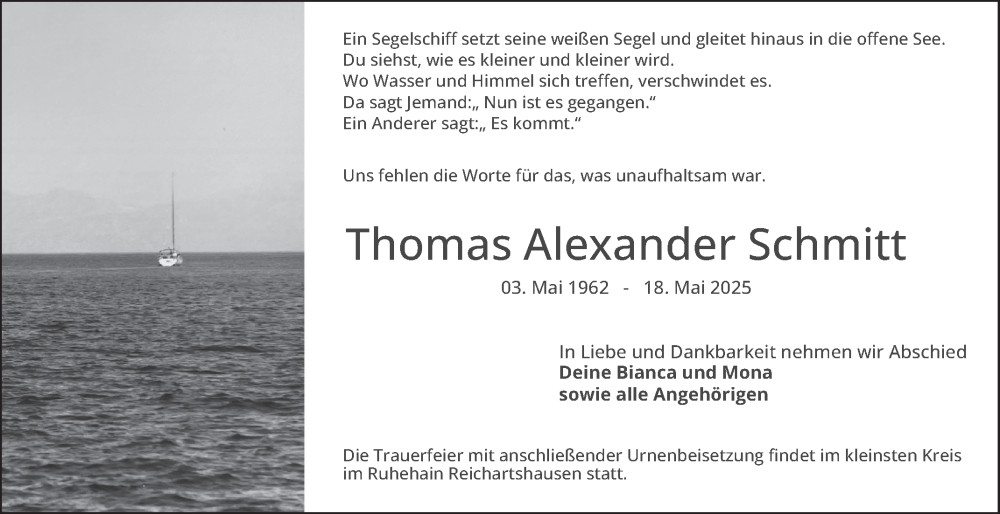  Traueranzeige für Thomas Alexander Schmitt vom 31.05.2025 aus Mannheimer Morgen