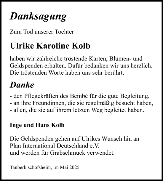 Traueranzeige von Ulrike Karoline Kolb von Fränkische Nachrichten