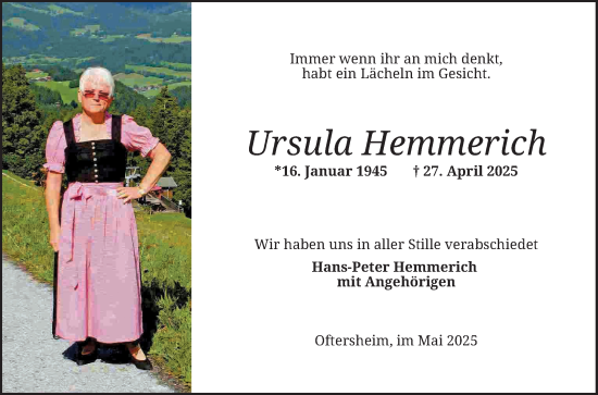 Traueranzeige von Ursula Hemmerich von Schwetzinger Zeitung