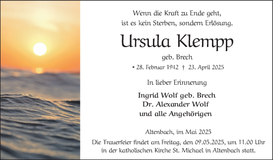 Traueranzeige von Ursula Klempp von Mannheimer Morgen