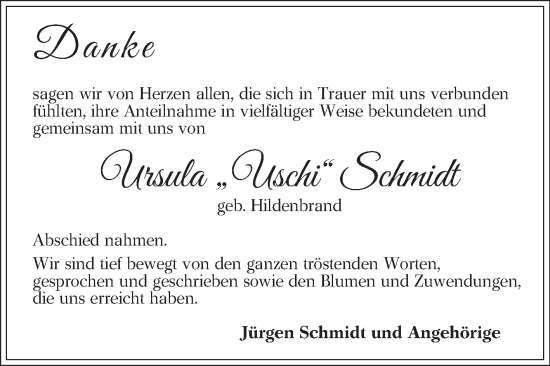 Traueranzeige von Ursula Schmidt von Mannheimer Morgen