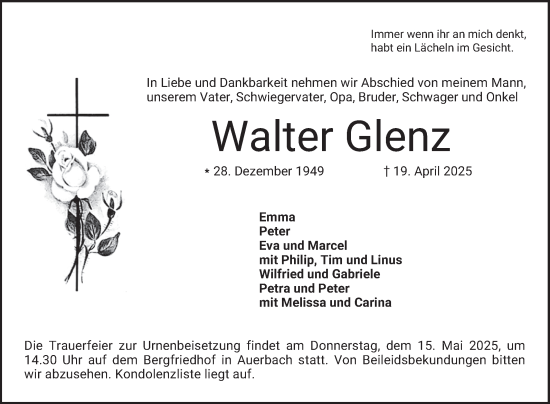 Traueranzeige von Walter Glenz von Bergsträßer Anzeiger
