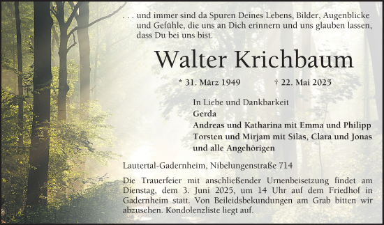 Traueranzeige von Walter Krichbaum von Bergsträßer Anzeiger
