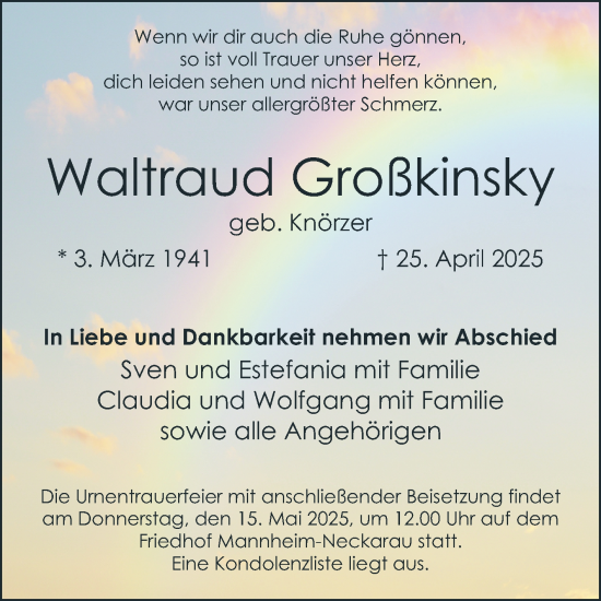 Traueranzeige von Waltraud Großkinsky von Mannheimer Morgen