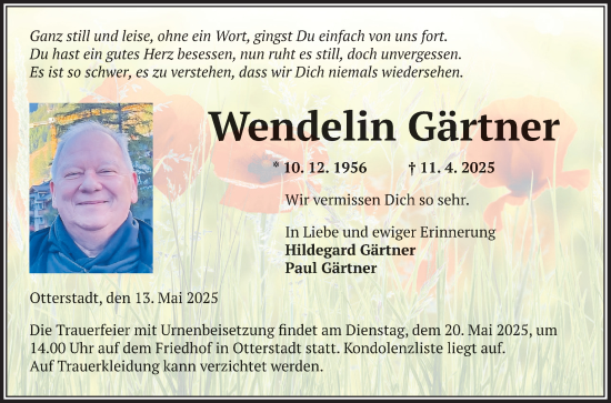 Traueranzeige von Wendelin Gärtner von Schwetzinger Zeitung