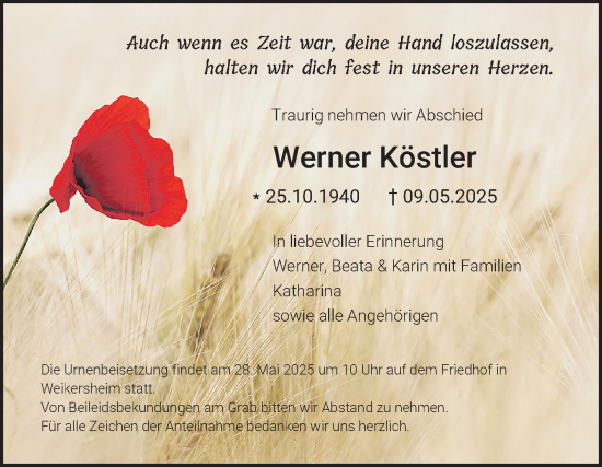 Traueranzeige von Werner Köstler von Fränkische Nachrichten