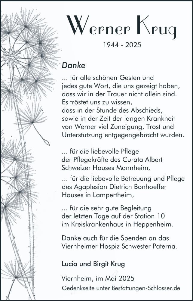  Traueranzeige für Werner Krug vom 31.05.2025 aus Mannheimer Morgen