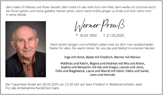 Traueranzeige von Werner Preuß von Fränkische Nachrichten