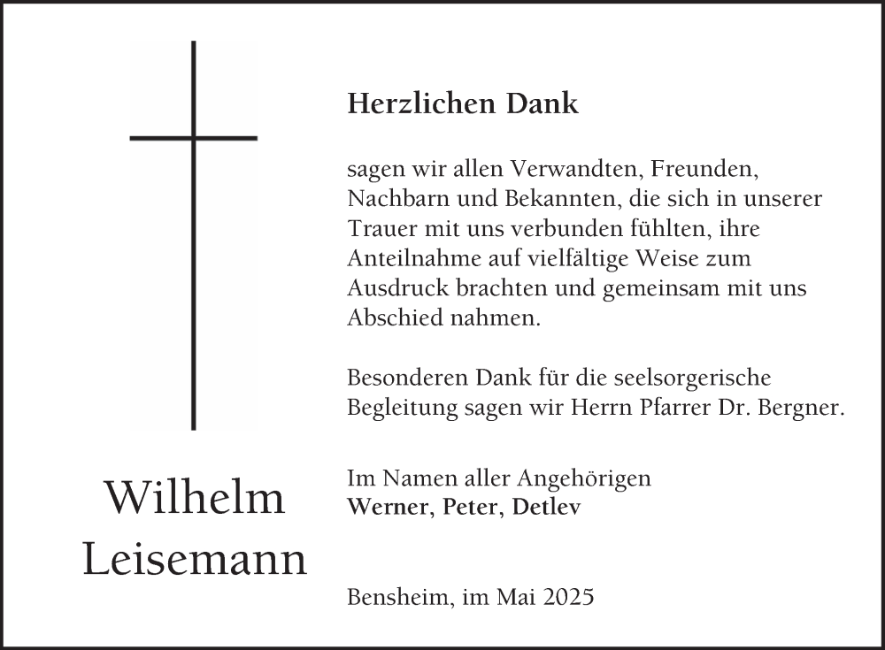  Traueranzeige für Wilhelm Leisemann vom 31.05.2025 aus Bergsträßer Anzeiger
