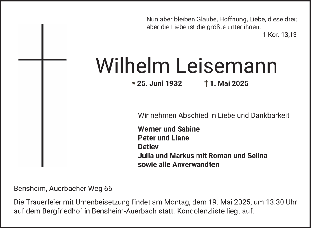  Traueranzeige für Wilhelm Leisemann vom 10.05.2025 aus Bergsträßer Anzeiger