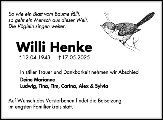 Traueranzeige von Willi Henke von Mannheimer Morgen