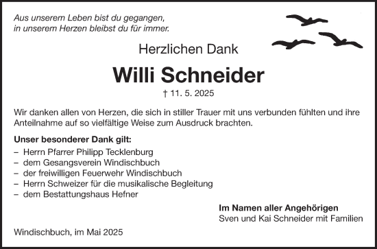 Traueranzeige von Willi Schneider von Fränkische Nachrichten