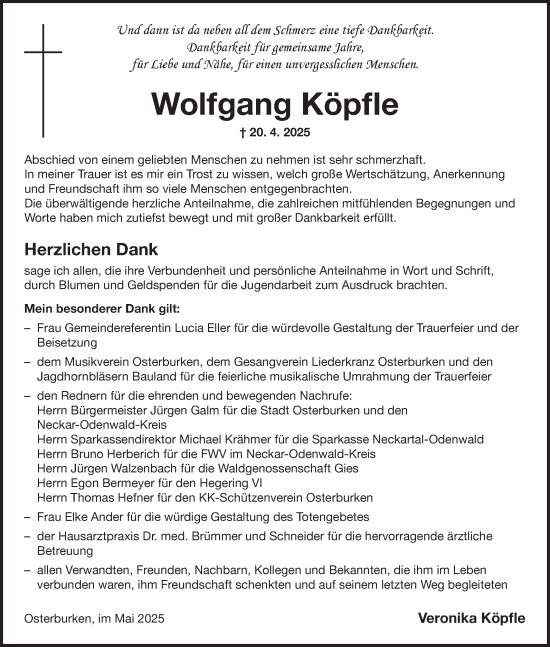 Traueranzeige von Wolfgang Köpfle von Fränkische Nachrichten