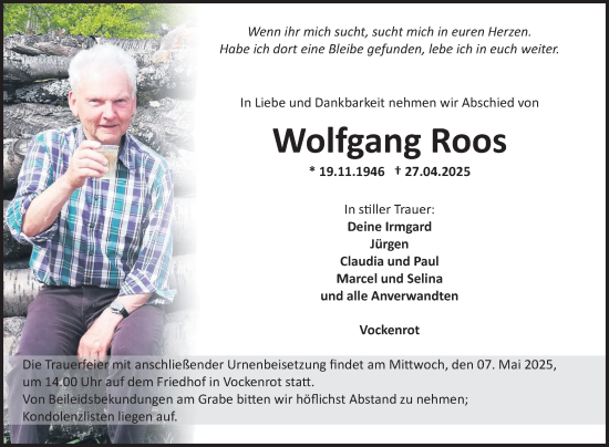 Traueranzeige von Wolfgang Roos von Fränkische Nachrichten