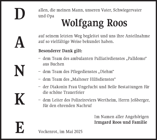 Traueranzeige von Wolfgang Roos von Fränkische Nachrichten
