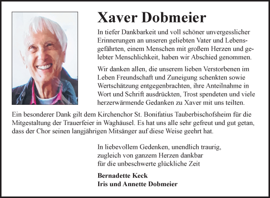 Traueranzeige von Xaver Dobmeier von Fränkische Nachrichten