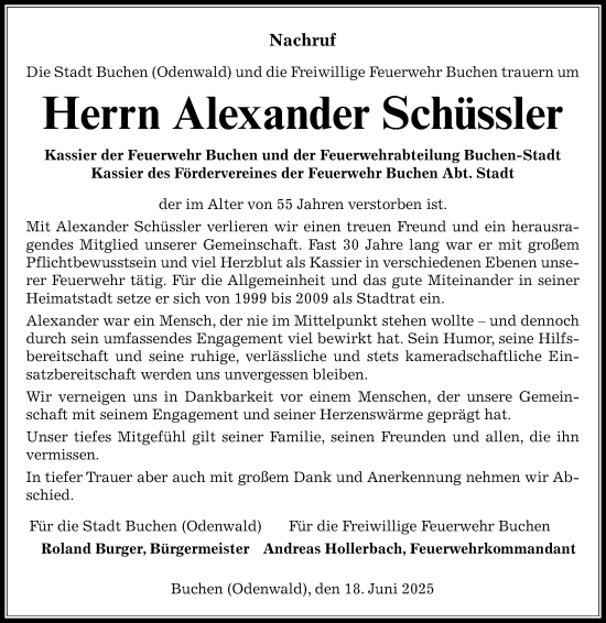 Traueranzeige von Alexander Schüssler von Fränkische Nachrichten