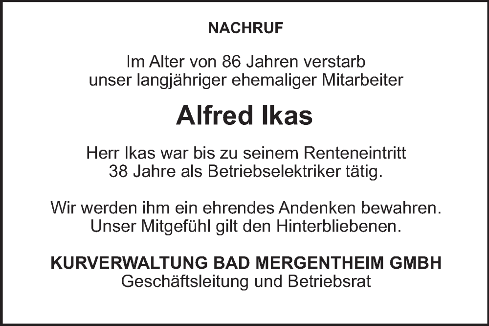  Traueranzeige für Alfred Ikas vom 11.06.2025 aus Fränkische Nachrichten