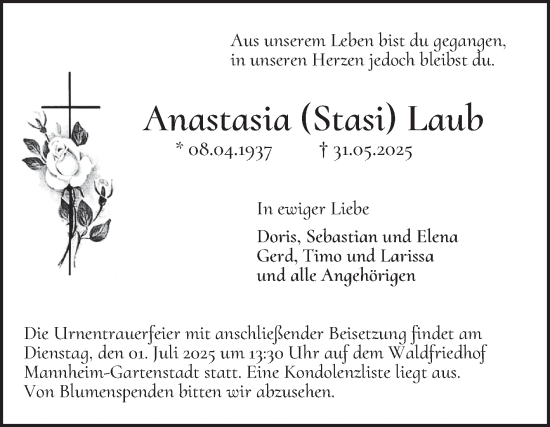 Traueranzeige von Anastasia Laub von Mannheimer Morgen