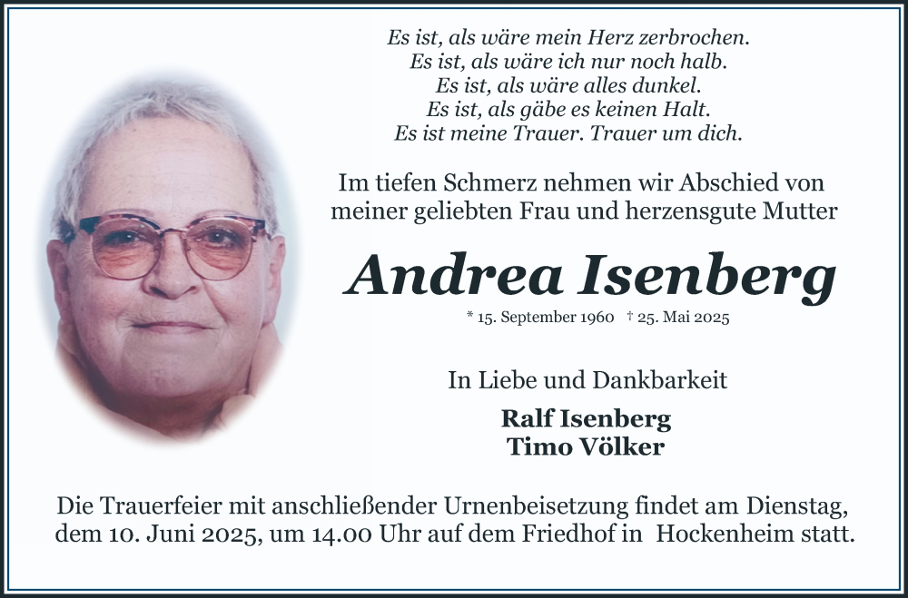  Traueranzeige für Andrea Isenberg vom 07.06.2025 aus Schwetzinger Zeitung