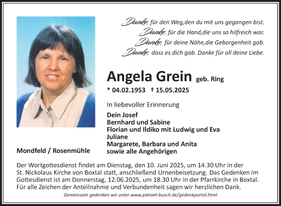 Traueranzeige von Angela Grein von Fränkische Nachrichten