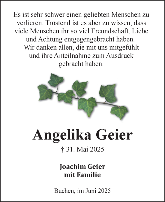 Traueranzeige von Angelika Geier von Fränkische Nachrichten