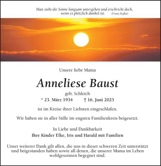 Traueranzeige von Anneliese Baust von Schwetzinger Zeitung