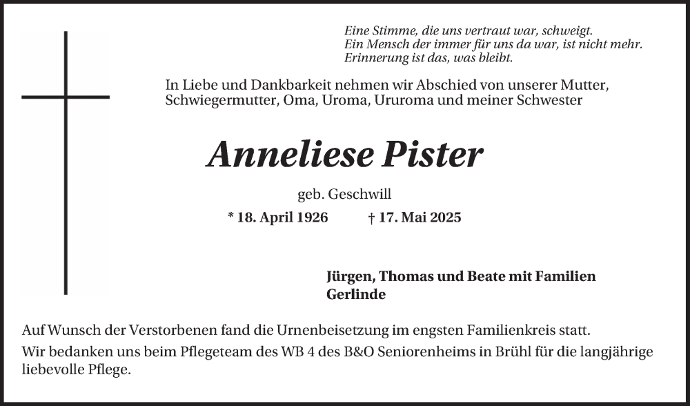  Traueranzeige für Anneliese Pister vom 07.06.2025 aus Schwetzinger Zeitung