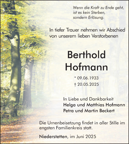 Traueranzeige von Berthold Hofmann von Fränkische Nachrichten