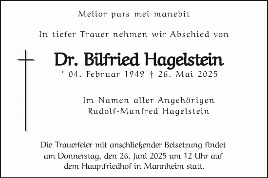 Traueranzeige von Bilfried Hagelstein von Mannheimer Morgen