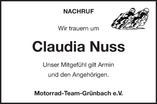 Traueranzeige von Claudia Nuß von Fränkische Nachrichten