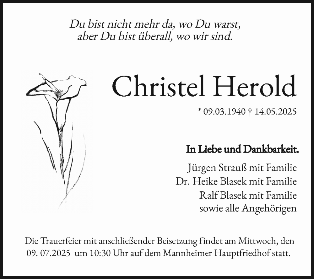  Traueranzeige für Christel Herold vom 14.06.2025 aus Mannheimer Morgen