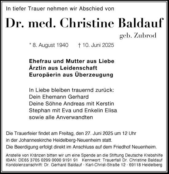 Traueranzeige von Christine Baldauf von Bergsträßer Anzeiger