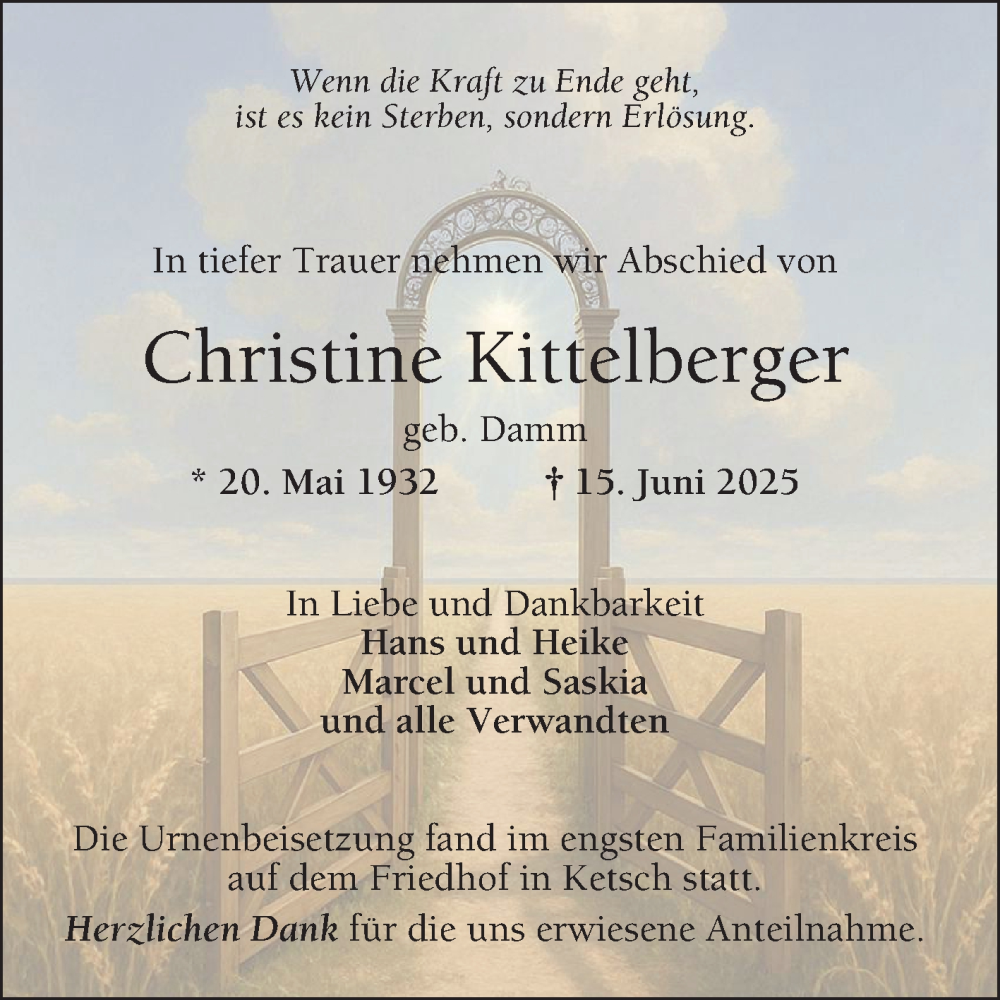  Traueranzeige für Christine Kittelberger vom 28.06.2025 aus Schwetzinger Zeitung