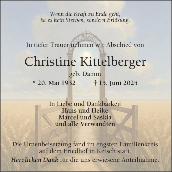 Traueranzeige von Christine Kittelberger von Schwetzinger Zeitung
