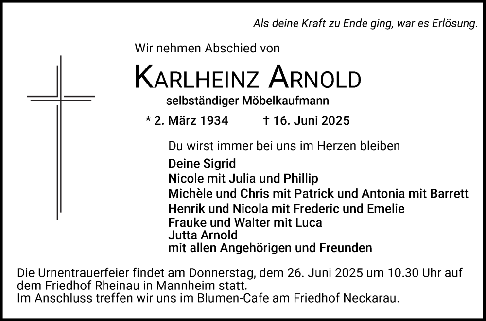  Traueranzeige für Karlheinz Arnold vom 21.06.2025 aus Mannheimer Morgen