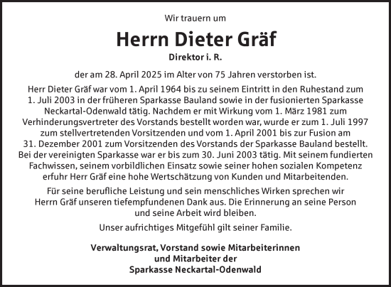 Traueranzeige von Dieter Gräf von Fränkische Nachrichten