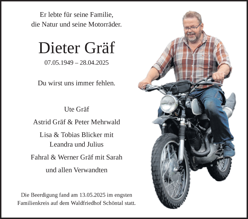  Traueranzeige für Dieter Gräf vom 07.06.2025 aus Fränkische Nachrichten