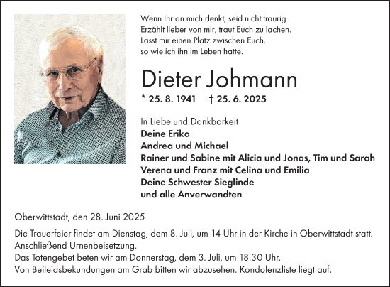 Traueranzeige von Dieter Johmann von Fränkische Nachrichten