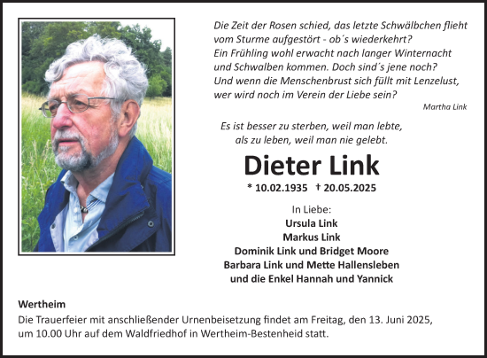 Traueranzeige von Dieter Link von Fränkische Nachrichten