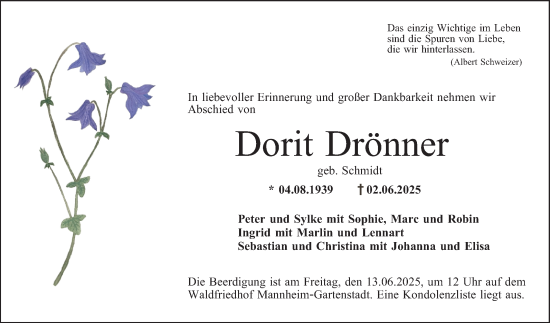 Traueranzeige von Dorit Drönner von Mannheimer Morgen