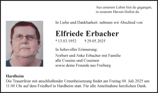 Traueranzeige von Elfriede Erbacher von Fränkische Nachrichten