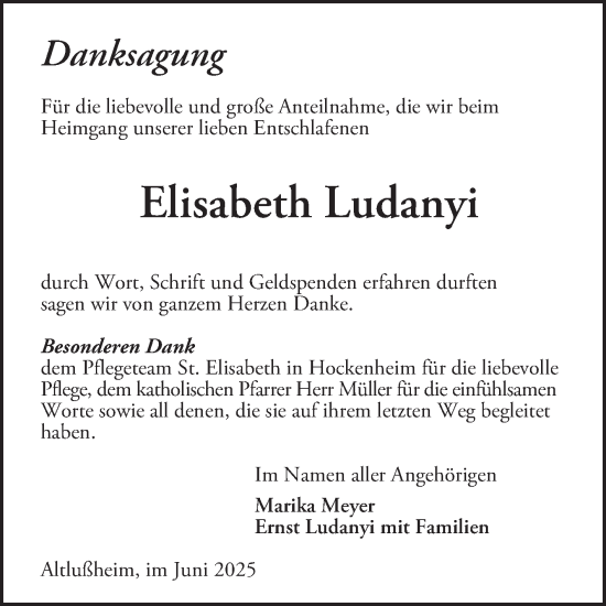 Traueranzeige von Elisabeth Ludanyi von Schwetzinger Zeitung