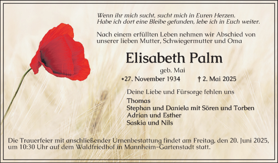 Traueranzeige von Elisabeth Palm von Mannheimer Morgen