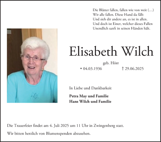 Traueranzeige von Elisabeth Wilch von Bergsträßer Anzeiger