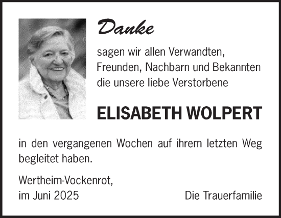 Traueranzeige von Elisabeth Wolpert von Fränkische Nachrichten