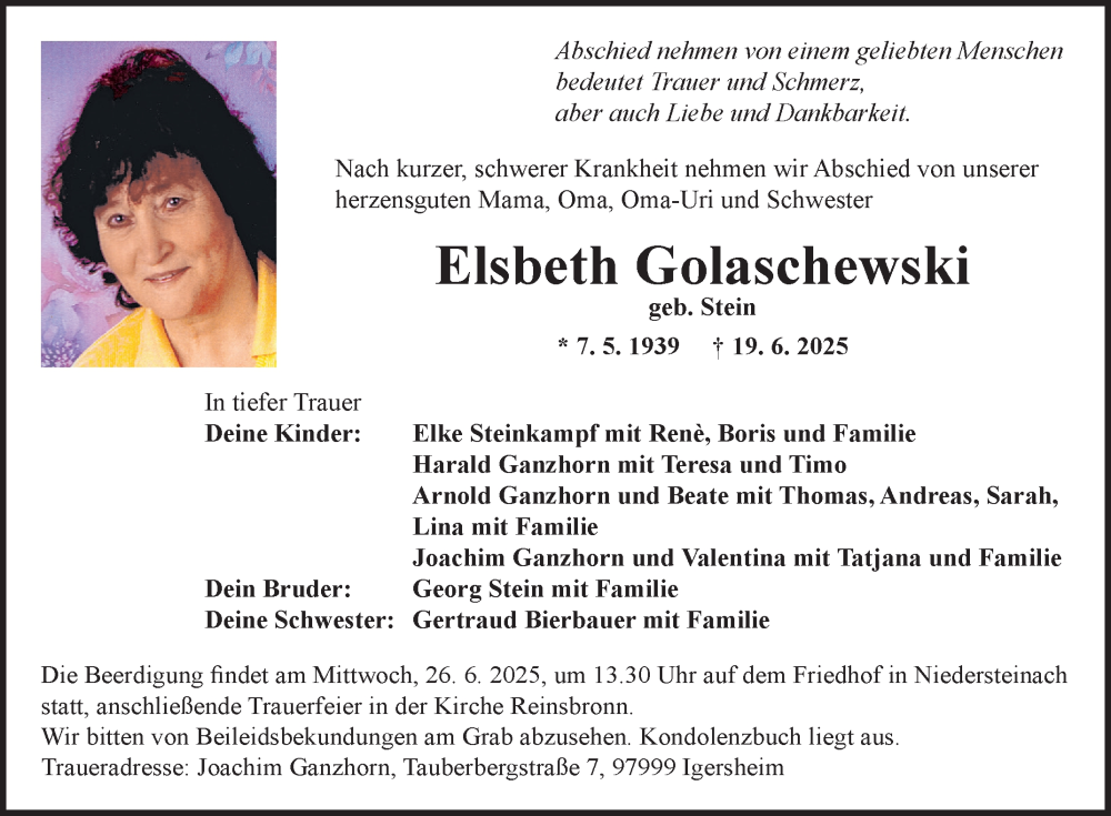  Traueranzeige für Elsbeth Golaschewski vom 24.06.2025 aus Fränkische Nachrichten